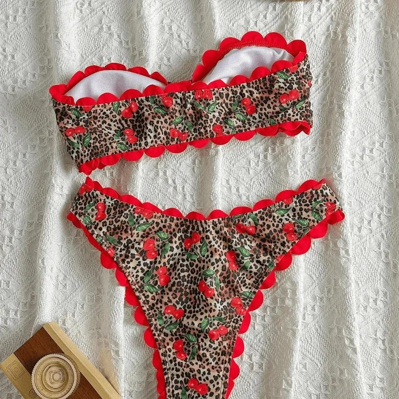 Women Two pieces Bikini Sexy Beach Bikini Strapless Cherry Swimsuit Leopard Print Red Two pieces Swimwear