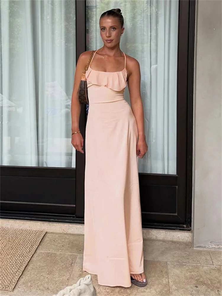 

2026 Casual Ruffled Backless Maxi Dress Women's Lace-Up Solid Patchwork Commute Slim Party Dress Female Summer Bodycon Dress