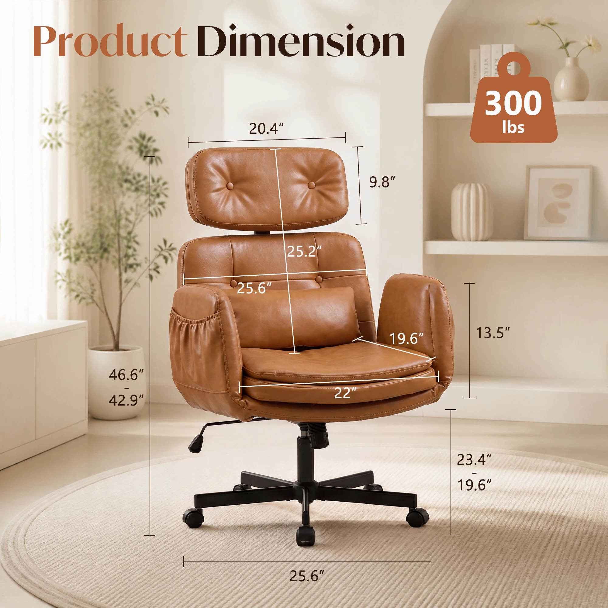 TCGBKAF Brown PU Leather Criss Cross Swivel Office Chair, Ergonomic Cross Legged Computer Desk Vanity Chair with Flip Armrests, Headrest & Rolling Wheels