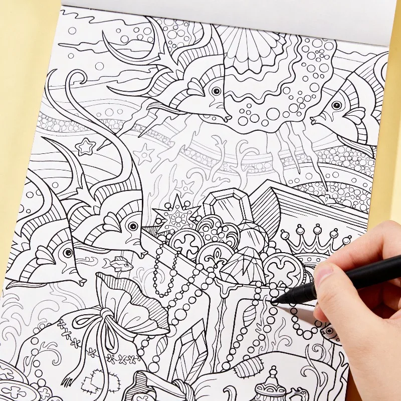 Adult Stress Relieving Hand Drawn Coloring Book, Include Underwater Animals, Mandalas, Elephants, Landscapes, and Other Themes