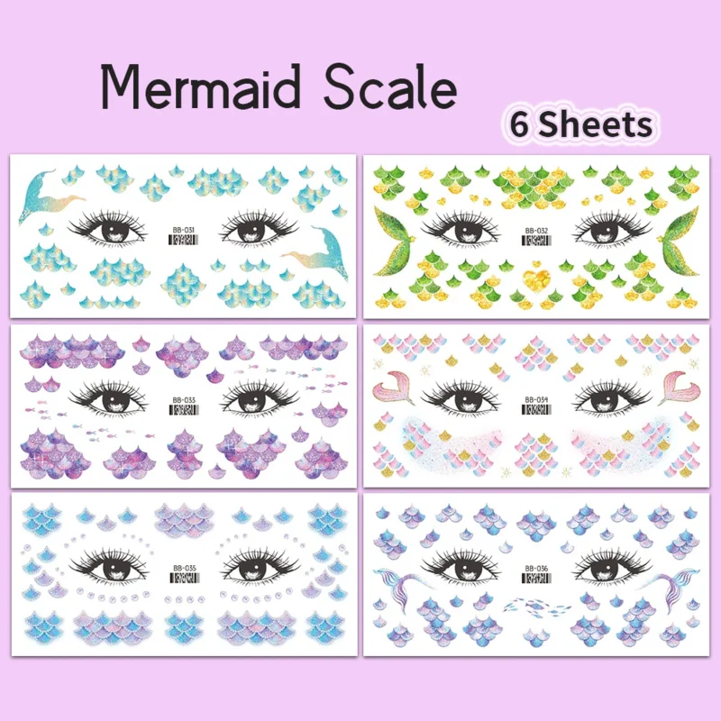 

6 Pack Mermaid Scales Glitter Face Temporary Tattoos Multi-color Fish Scales & Fish Tail Patterns Waterproof Body Art Stickers