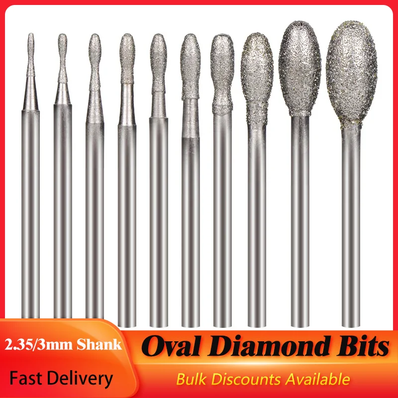 

1/5/10Pcs Oval Diamond Bit Set 0.8~8mm Ellipse Grinding Engraving Burr Bits 2.35/3mm Shank Polishing Head For Dremel Rotary Tool