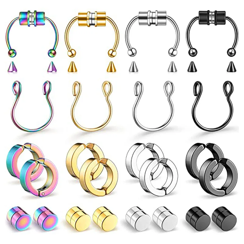 24 Pieces of Magnetic Nose Ring Stainless Steel Horseshoe-Shaped False Nose Ring Without Perforation Clip CZ Magnet Earrings Set