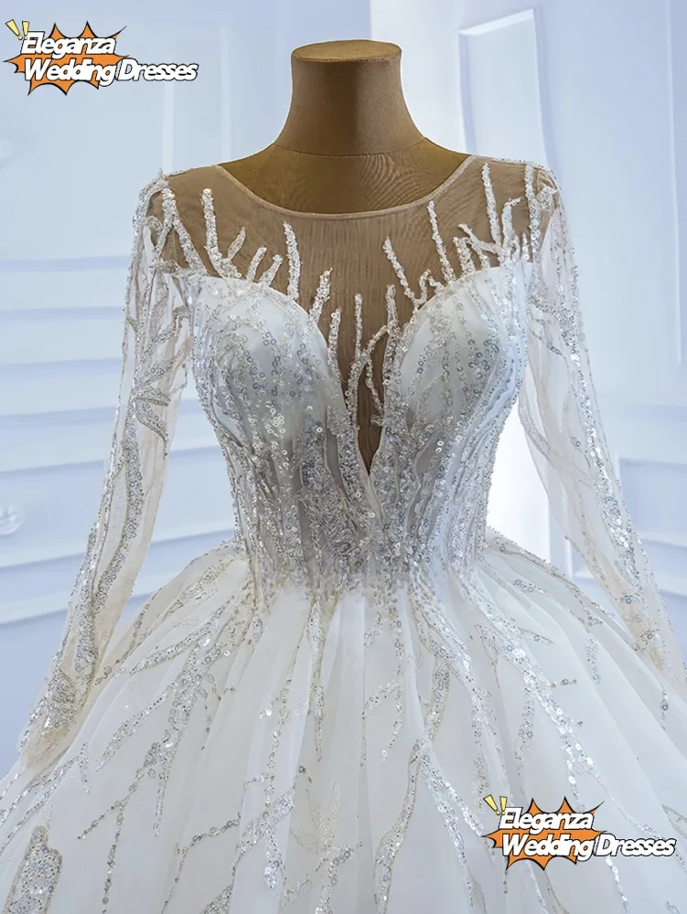 Vestido De novia personalizado De tul desnudo con escote en V, Vestido De novia con encaje brillante, cola De corte, Vestido De novia 2025