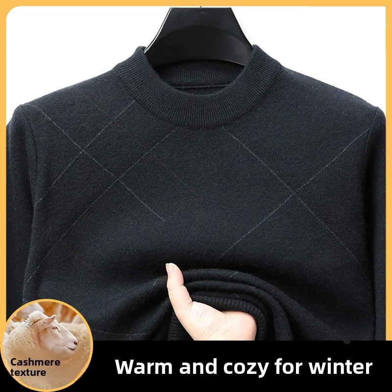 

Утепленный вязаный свитер для мужчин с воротником-стойкой, ромбовидным узором, зимний, повседневный, с длинным рукавом, из полиэфирного волокна, деформируемый