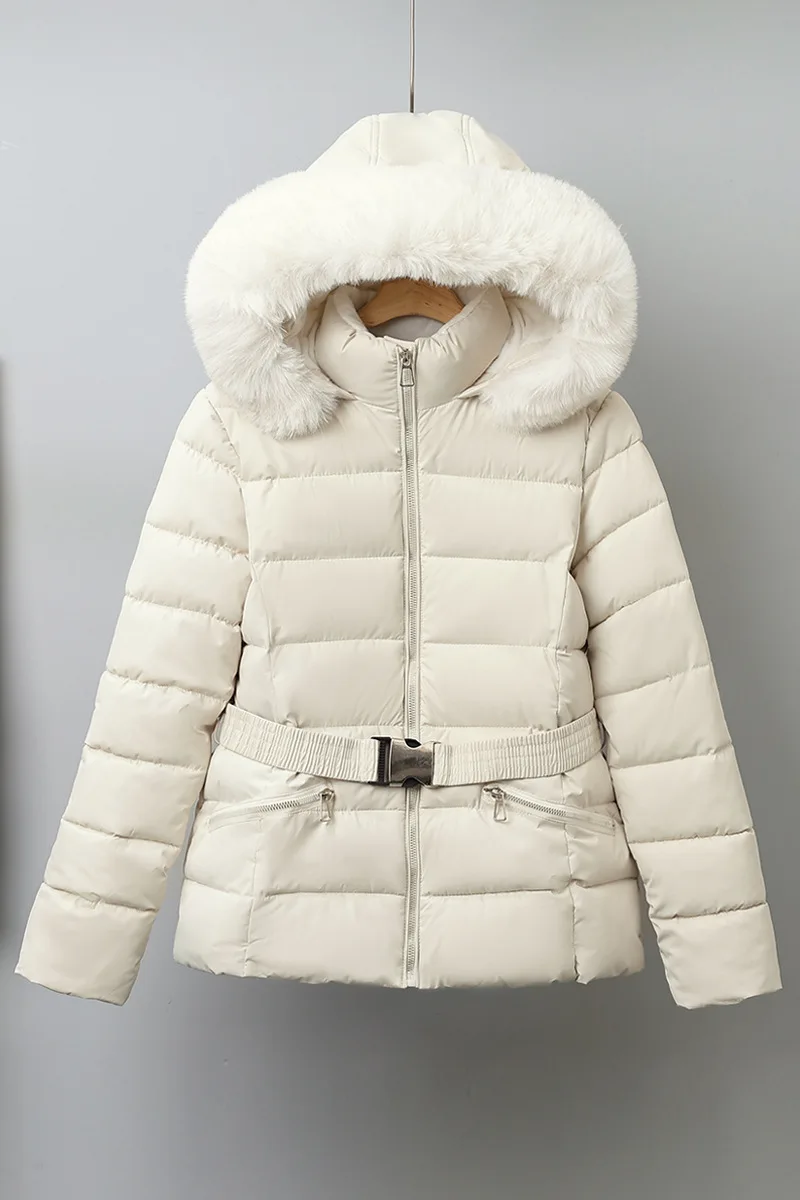 Winter Solid Color Long-sleeved Fur Collar Hooded Short Down Cotton Jacket Women's Slim Winter Thickened Versatile Warm Jacket