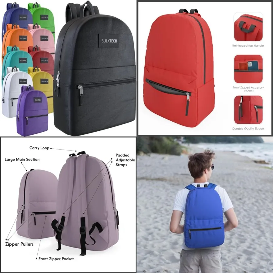 

Bulk Backs, Wholesale 7Inch Lightweight Bookbags for,Adults, School, Classroom, Travel, Gym Supplies with 1 Large, 1 Small Pock