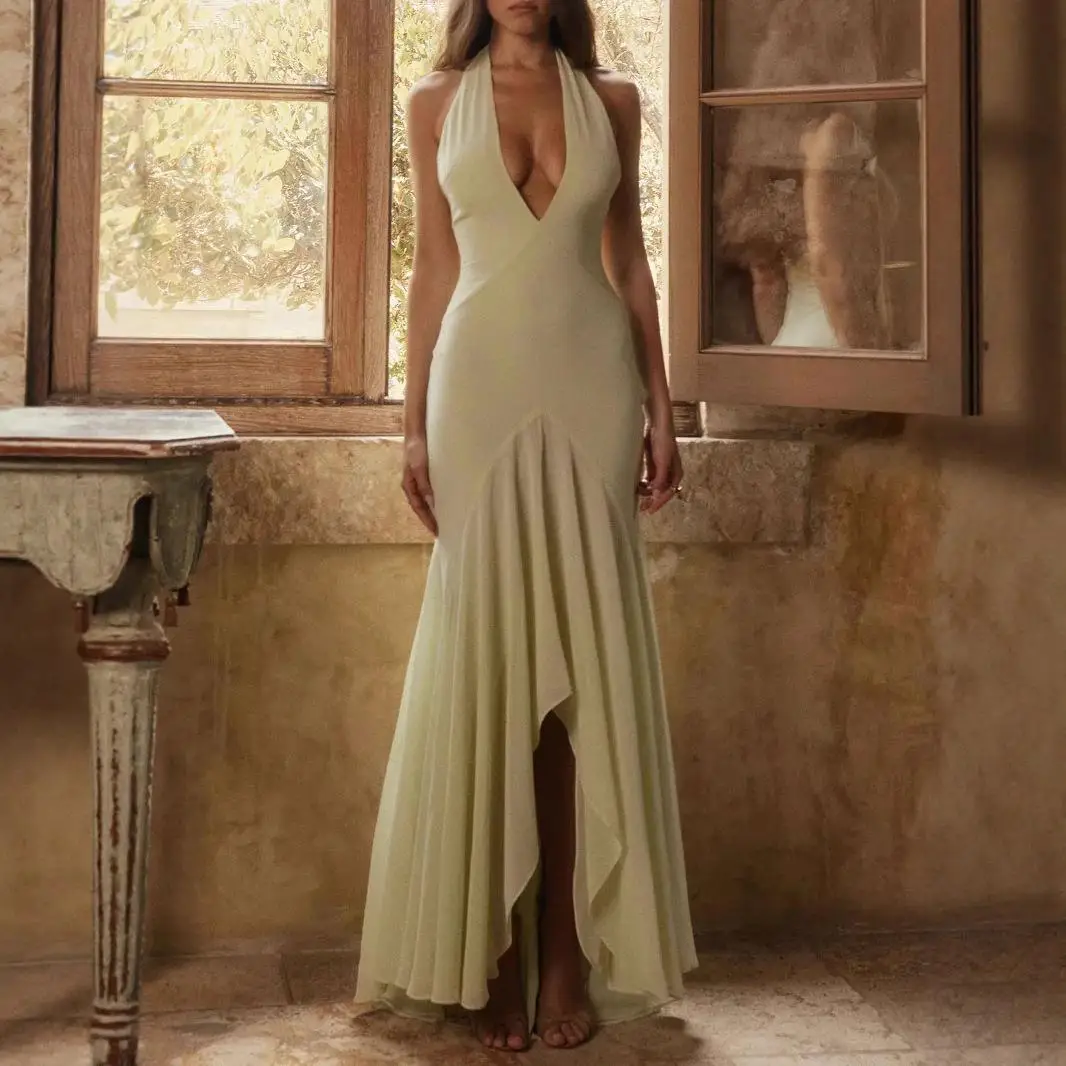 Ele Faionable Deep V Ne Bal Dr Sli suspendu Ne Line jupe trapèze taille haute t-shirt fibre d'acétate Dr