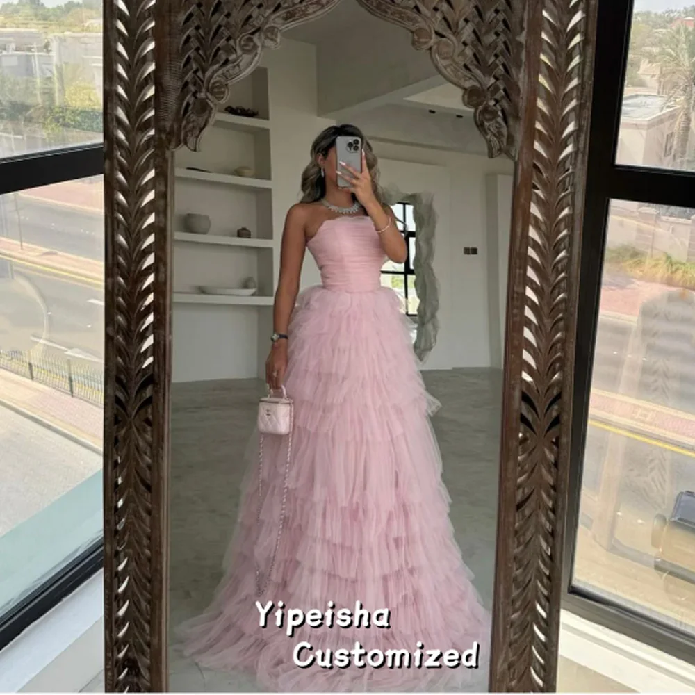 فستان حفلة موسيقية وردي مخصص على شكل حرف a بدون حمالات بطول الأرض وكشكشة فساتين سهرة فاخرة بدون أكمام لحفلات الزفاف #2