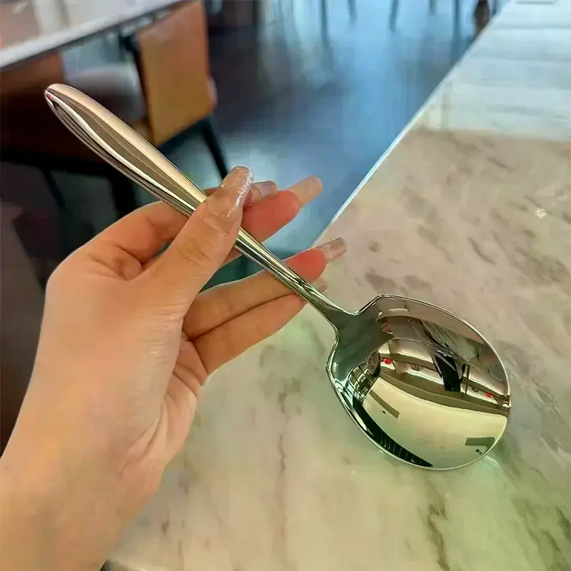 Large Stainless Steel Rice Spoon Ergonomic Metal Serving Spoon Kitchen Flatware Spoon Durable Thickening Long Handle Spoon