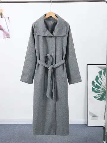Abrigo largo Retro de Tweed con cuello levantado para mujer, abrigos de una sola botonadura con solapa grande a la moda con cinturón, prendas de vestir elegantes para mujer 2025
