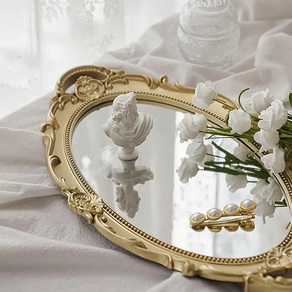European Retro Creative Mirror Oval Tray Fruit Plate Dessert Table Decoration Snack Plate Tidy Up Storage Plate Hanging Mirror