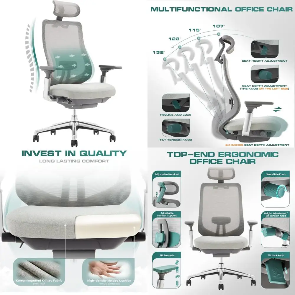 COLAMY Ergonomic Mesh Office Chair, High Back Computer Executive Desk Chair with Adjustable Headrest and 4D Arms, Slide Seat, Ti