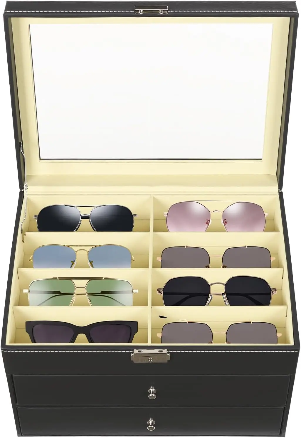 

3-слойная витрина для очков Bathrena, ящик для солнцезащитных очков с 24 слотами и выдвижным ящиком, коробка для организации дисплея часов