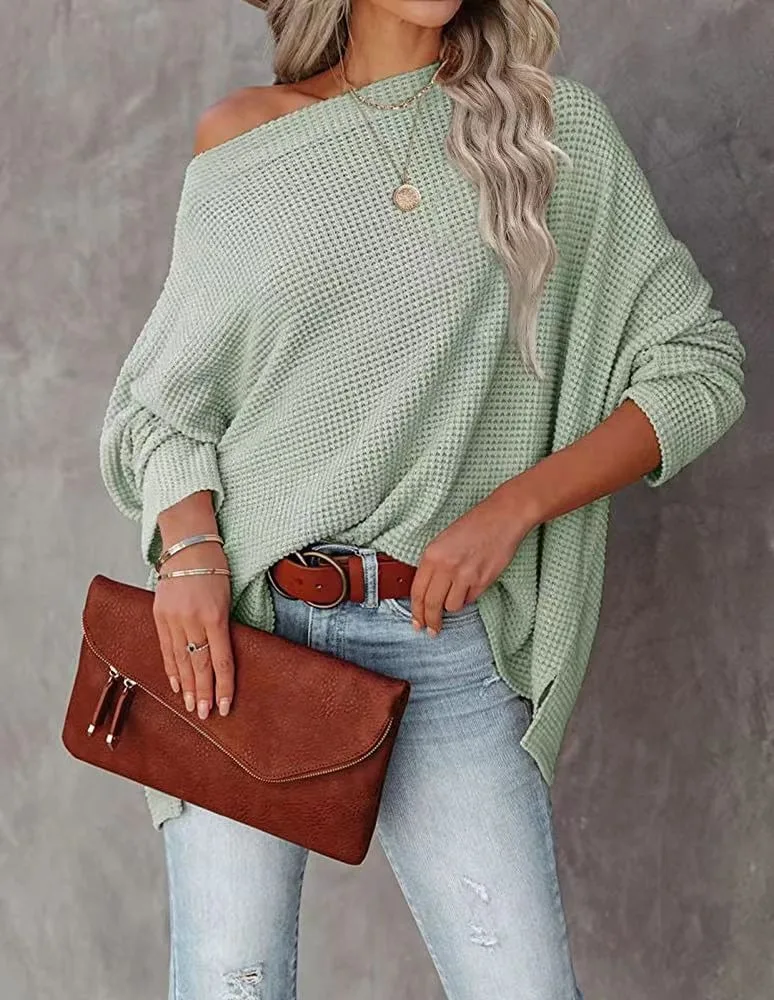 2024 new summer women\'s solid color loose top sweatshirt waffle off-shoulder sweater