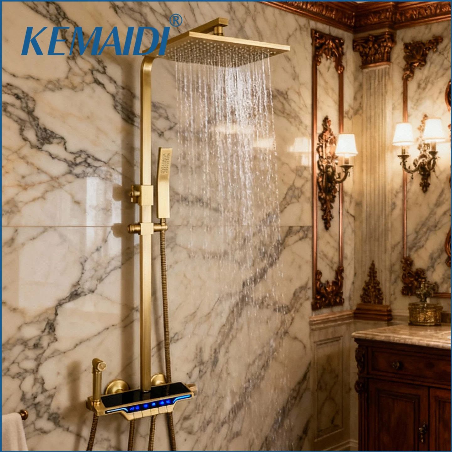 Sistem Shower Termostatik KEMAIDI Set Keran Shower Kamar Mandi Kuningan Antik dengan Layar Digital 4 Fungsi Shower Hujan