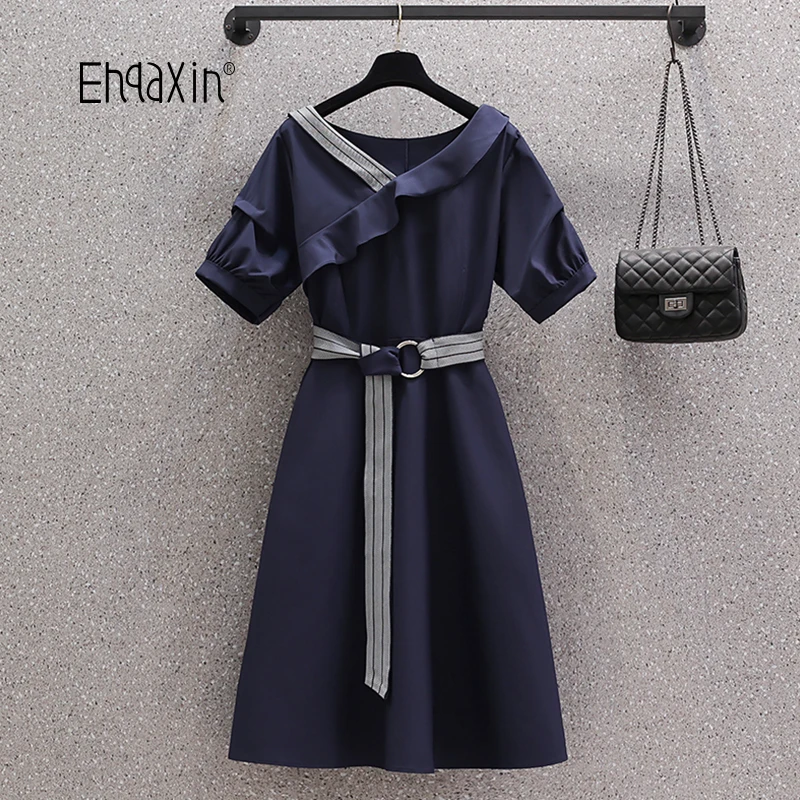 

EHQAXIN 2022 Spring Summer New Ladies Dress Fashion Lotus Leaf Collar Loose Striped Lace-Up All-Match Dresses Female M-4XL