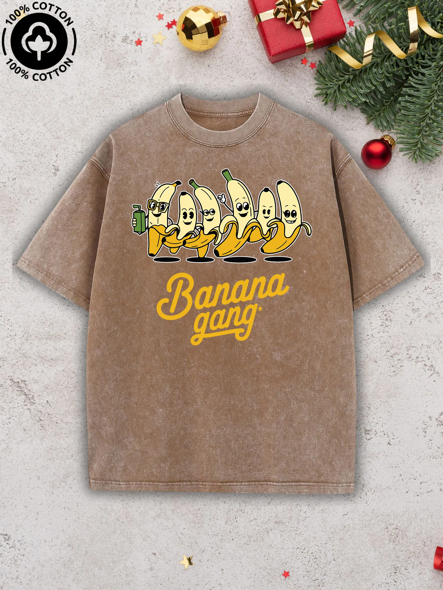 

Dancing Banana Gang Men's Graphic Tee, Pure Cotton Vintage Camel T-Shirt, Retro Street Drop Shoulder Tee