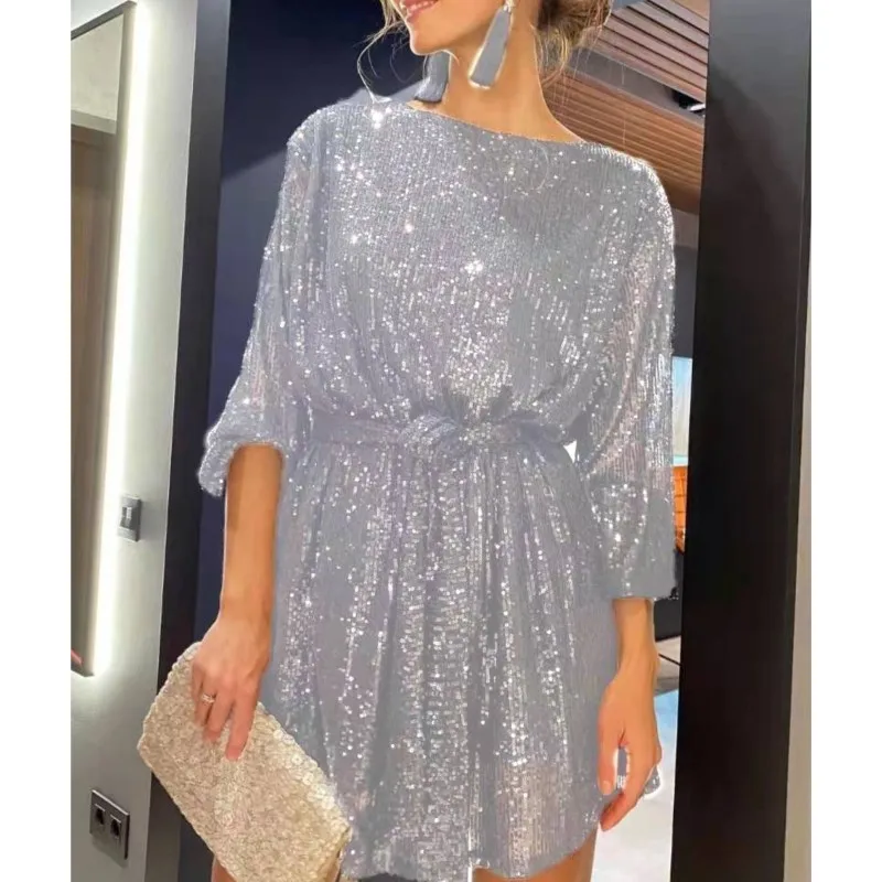 

Fashion Elegant Women's Dress Spring Autumn Glittery Sequined O-neck Sashes Mini Dress For Women Holiday Party Clubwear 2026 New