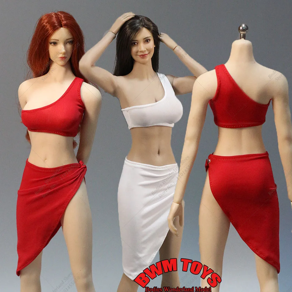 DMTOYS White Red Color 1/6 Scale Women's One Shoulder Short Top Split Hip Skirt Clothes Set Model Fit 12'' Soldier Action Figure