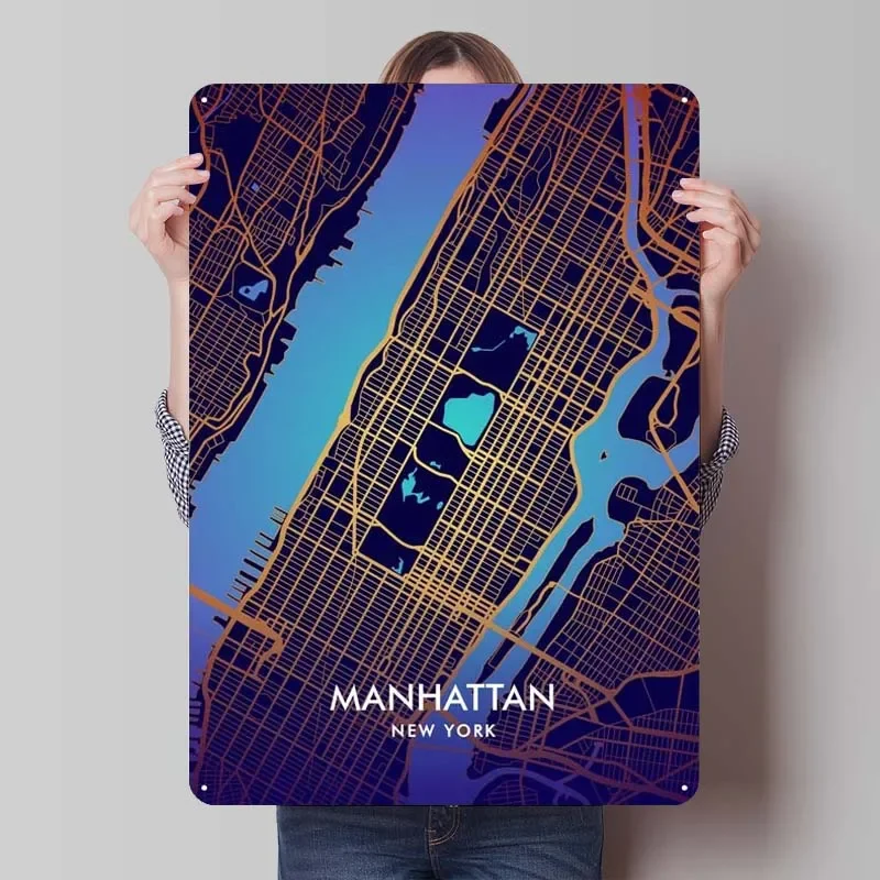 Manhattan Tinplate Map Sign Wall Art Decor Bath Room Decor Aesthetics Retro Metal Sign for Bar Coffee Bar Wall Decoration Home