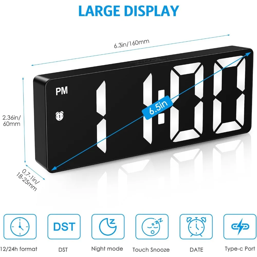 

Digital Alarm Clock, Electronic Desktop Clock with Type-C Port, Adjustable Brightness, Snooze, 12/24H Display, Alarm Clock
