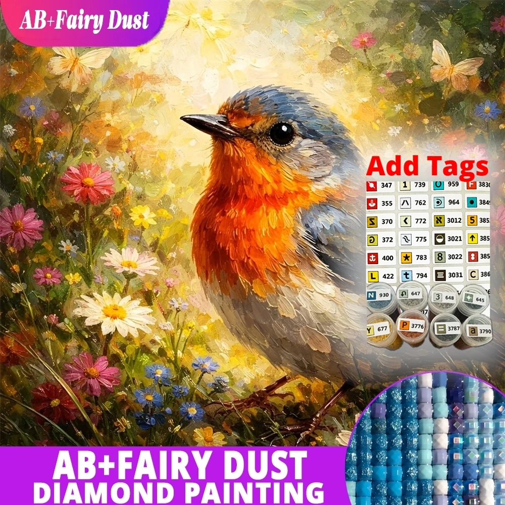 AB Fairy Dust Full Square Round Diamond Mosaic Little Bird Flower Meadow Animal Painting Rhinestones Embroidery Wall Art Home De