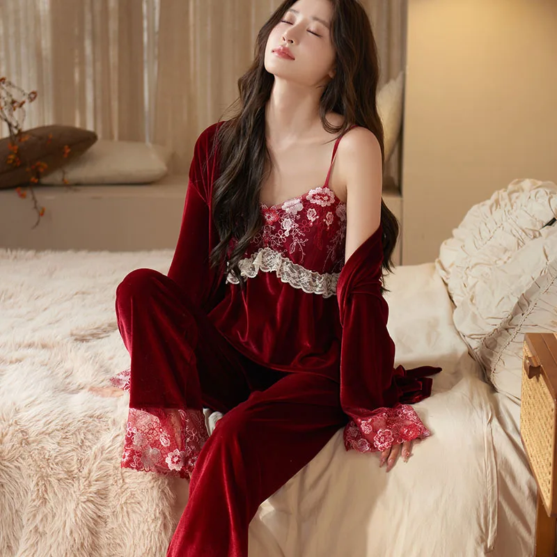 Burgundy Pajama Wedding Couple Set High-end Red Gold Velvet Autumn and Winter Men\'s and Women\'s Three Piece Set