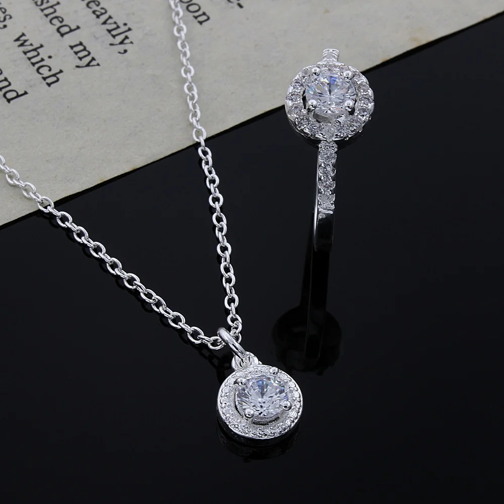 925 Sterling Silver New Listing Lover Gifts Silver Color  Jewelry Fashion Noble Women Classic Shiny Crystal Cz Necklace Ring Set