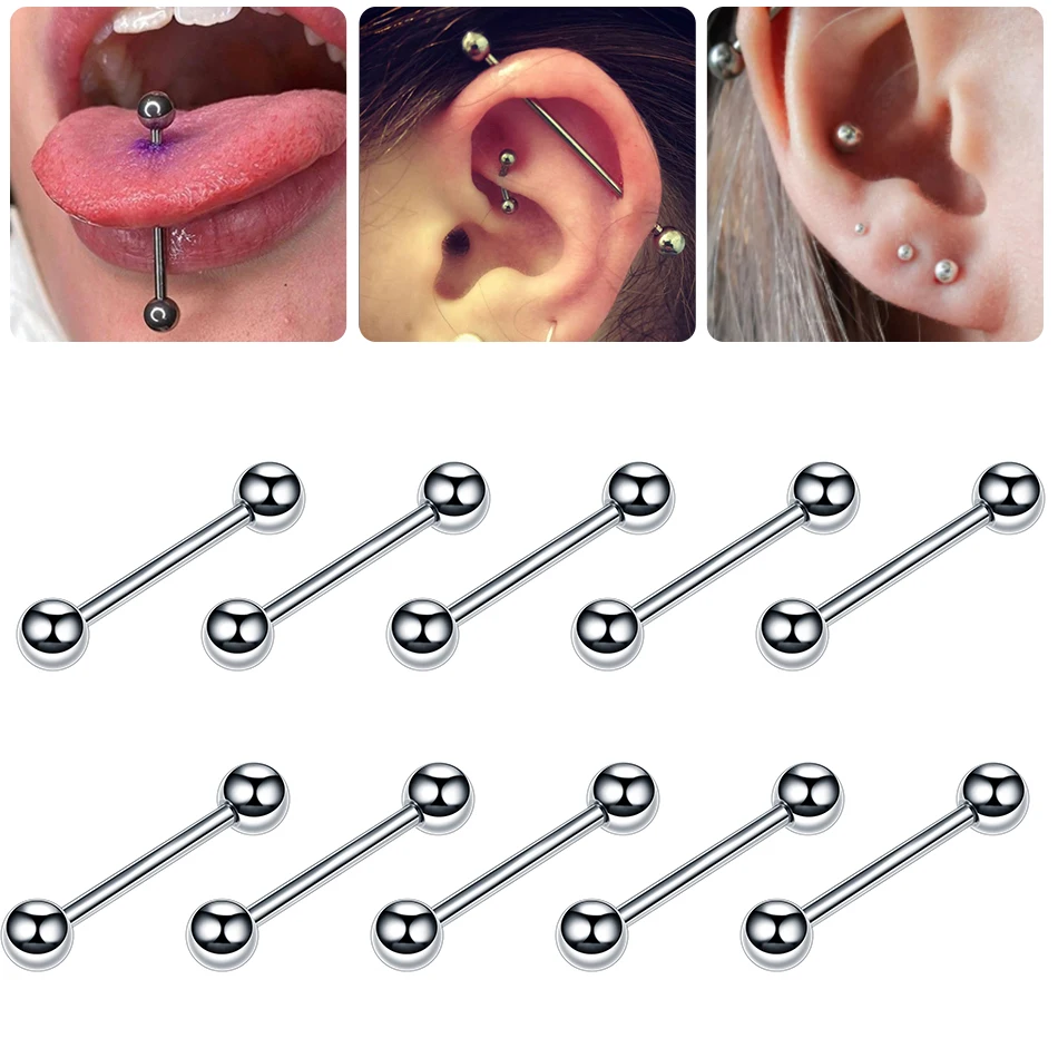 2Pcs/lot Stainless Steel Tongue Piercings 14G 16G 18G External Threaded Industrial Barbell Nipple Bar Helix Ear Piercing