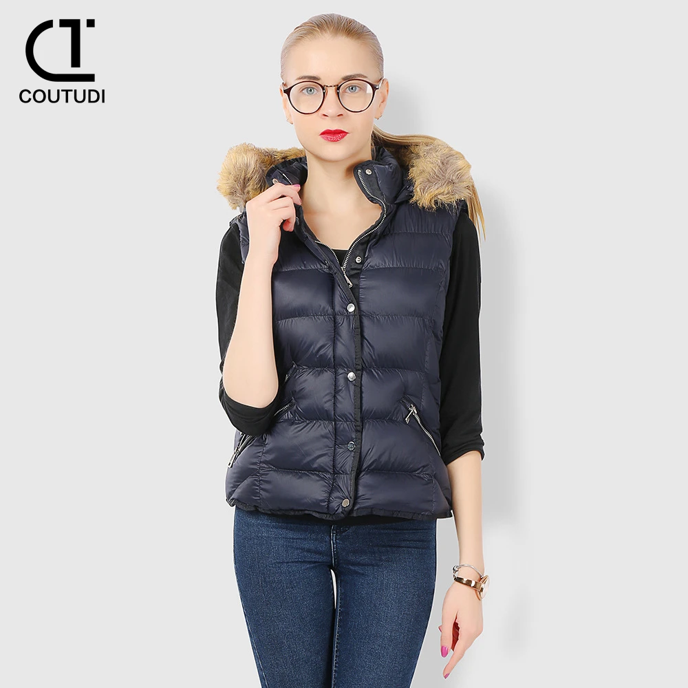 COUTUDI-Women's Cotton Padded Puffer Vests, Coat with Fur Hooded, Sleeveless Parkas, Jacket, Casual Waistcoat, Female, Winter