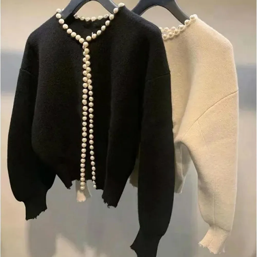 Pearls Batwing Sleeve Knit Vintage Cardigan Office Ladies Fashion Knitted Korean Jackets Women\'S Black High Quality Jacket Coat