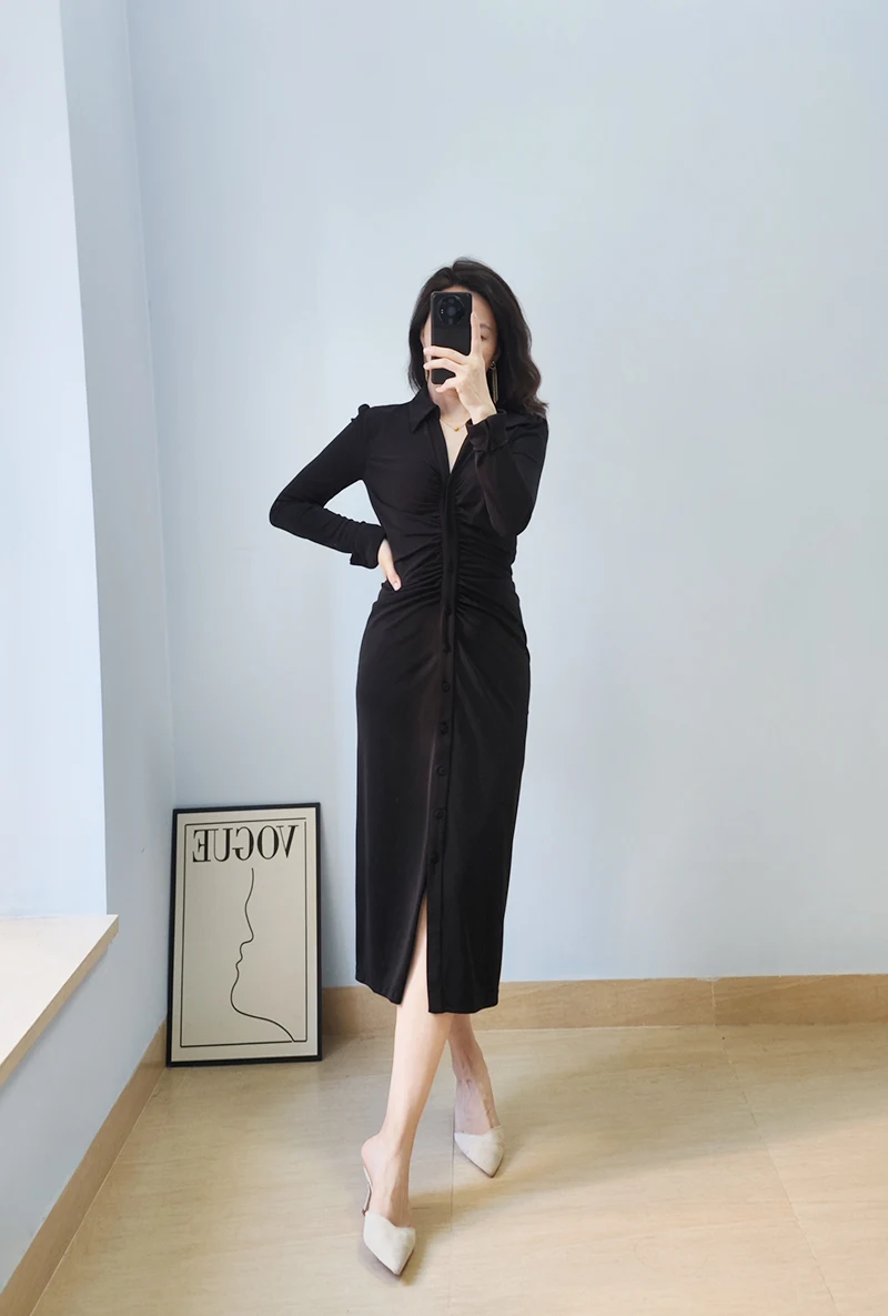 Folded Front Details Black Polo Shirt Shrink Midi Dress XS-XL