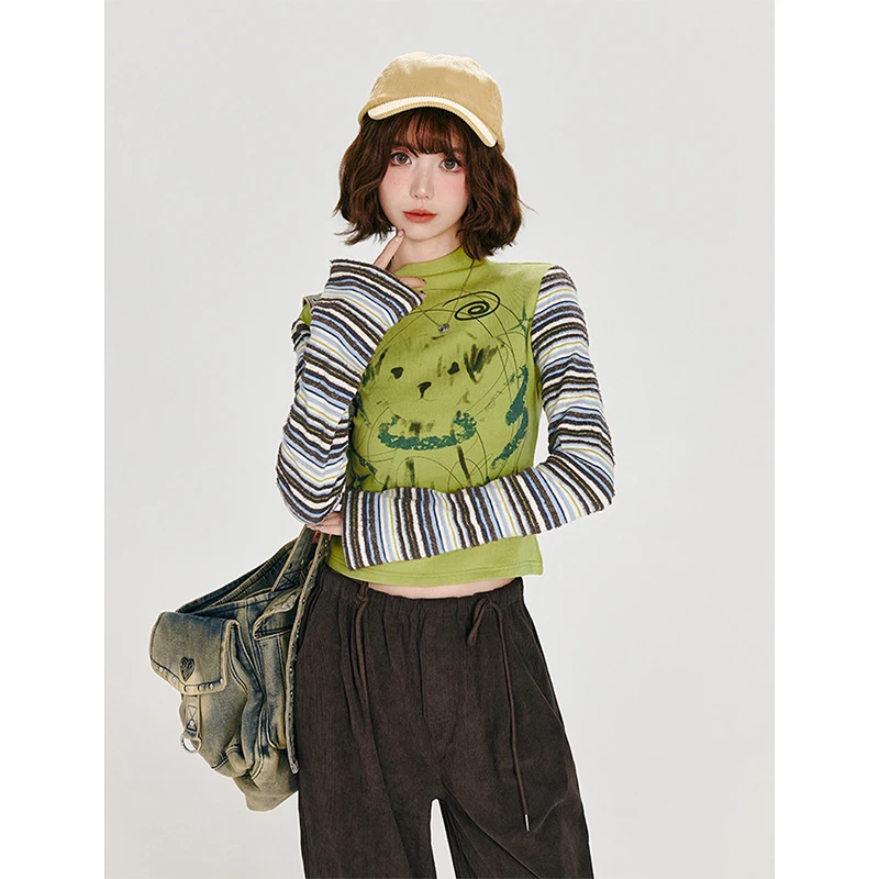 تي شيرت هاراجوكو مخطط للسيدات تي شيرت عتيق مطبوع عليه قطع علوية قصيرة للخريف Y2K الجرونج بأكمام طويلة تصميم نحيف تي شيرت جديد #4