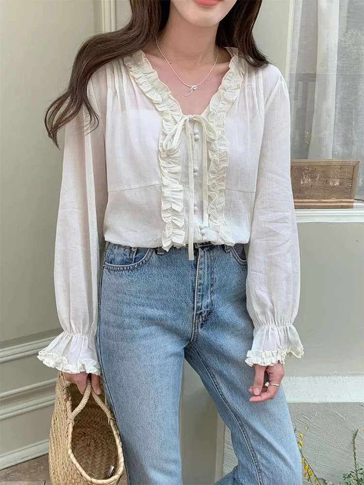 

Нежная свободная тонкая женская рубашка с бантом и деревянными вставками, новая весенняя модель для офиса, с длинным рукавом, на пуговицах