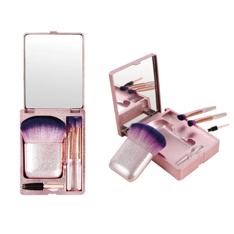 4 STKS Mini Spiegel Box Reizen Make-up Borstel Kunstmatige Vezel Foundation Make-up Poeder Blusher Draagbare Oogmake-up Borstelset