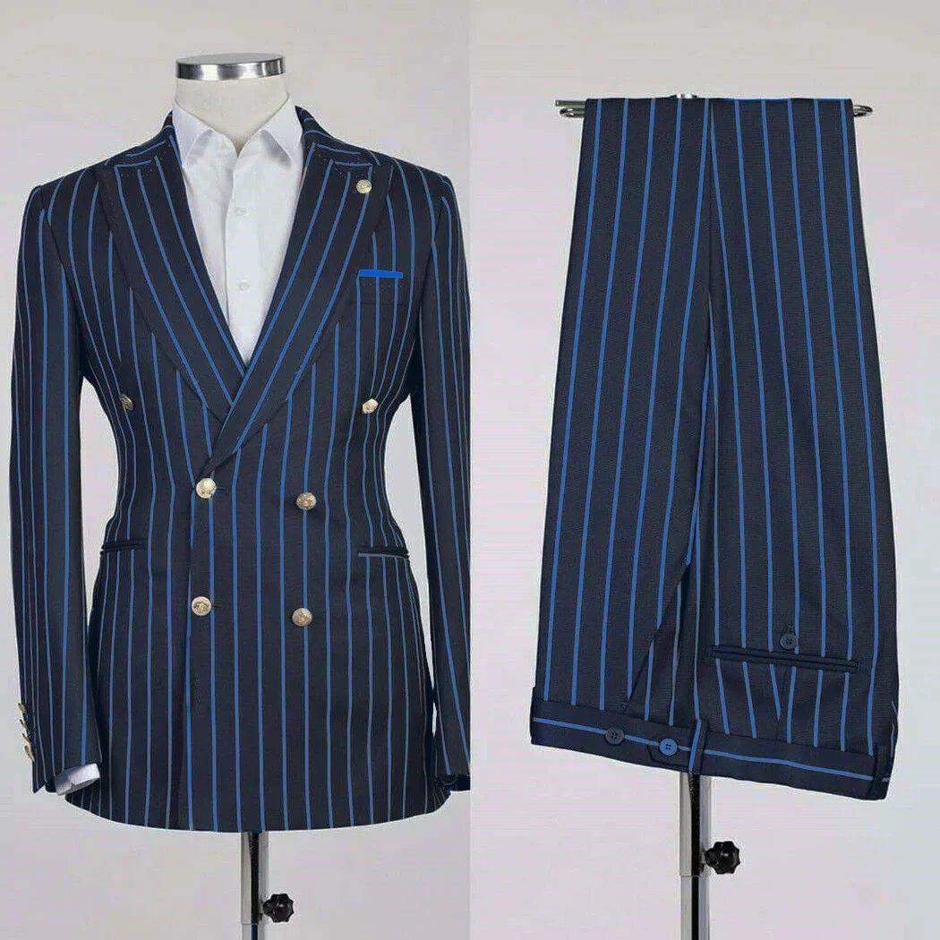 Set Blazer bisnis motif garis-garis pria, mantel Pria Bisnis 2 potong dengan celana dua baris, jaket gaya Inggris