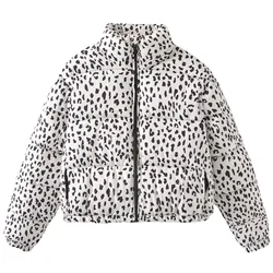 Women Leopard Print Cropped Puffer Jacket Winter Warm Stand Collar Zip Up Short Down Coat Outwears No hat Y2k High Streetwear