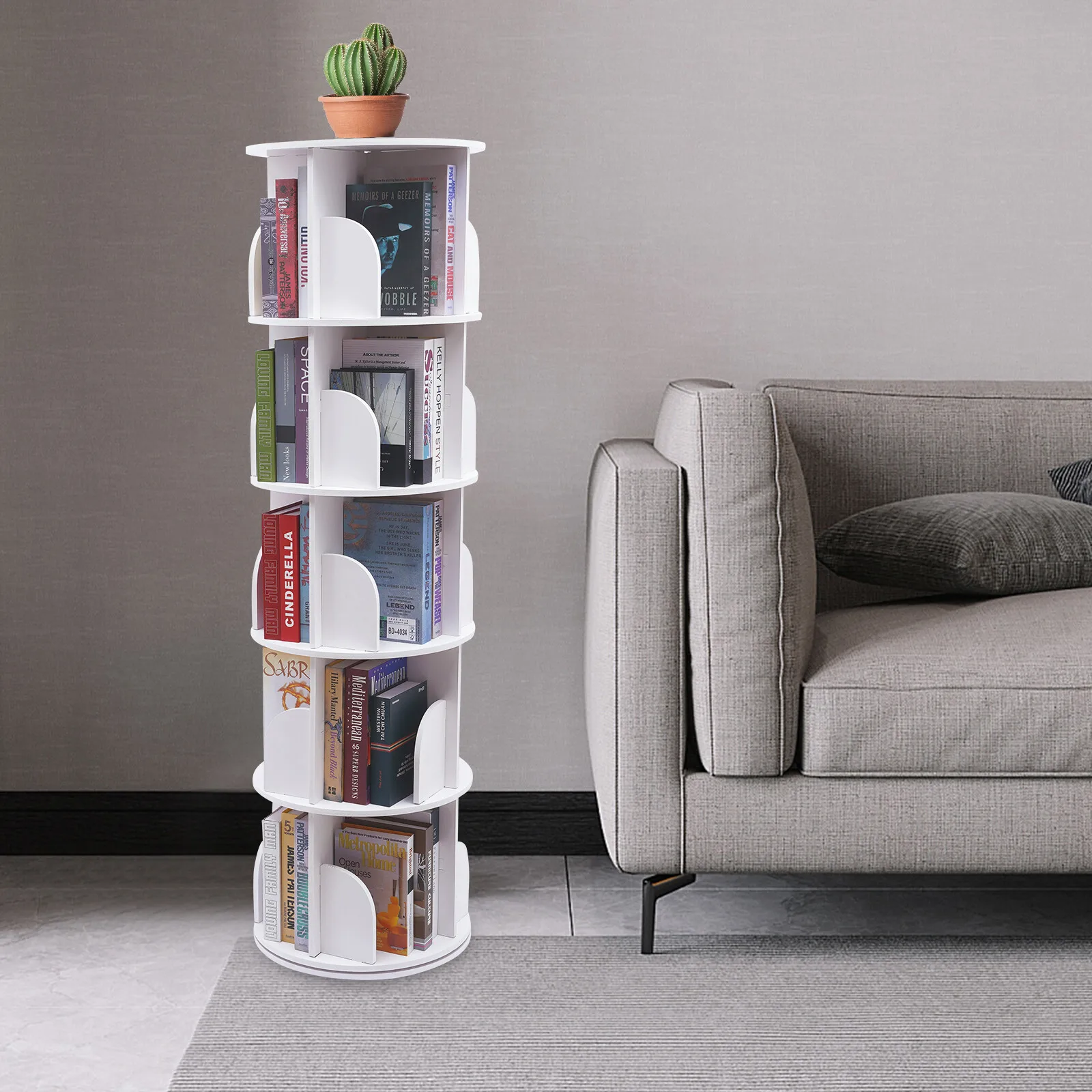 

Rotating 5-Tier Shelf–Space-Saving 20 Sections Durable 360° Access 33lbs/Tier Perfect For living Rooms/Dorms Simple Setup