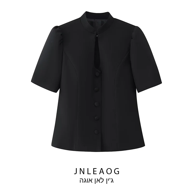 

Spring New Style Women's Fashion Slim Fit Short Sleeve Stand Collar Decorative Button up Top JNLEAOG Ladies Polyester Fiber