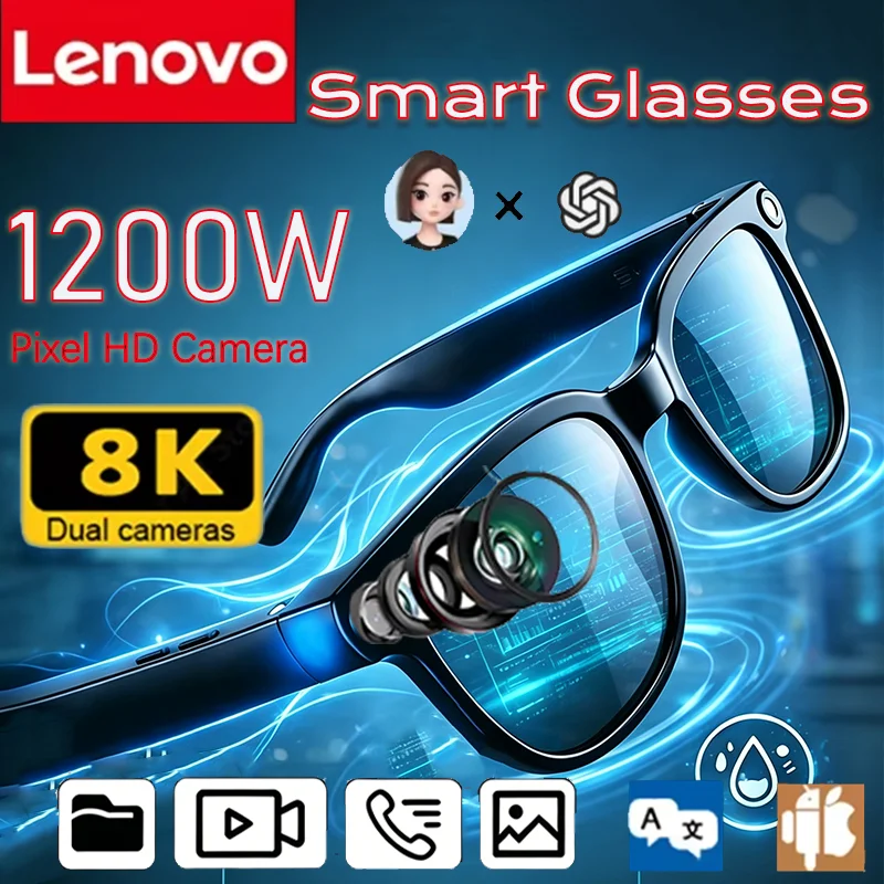 Gafas Inteligentes Inalámbricas Lenovo con IA, Gafas de Sol Bluetooth con Control Remoto 8K, Cámara Táctil, Grabación, Asistente de Voz y Traductor