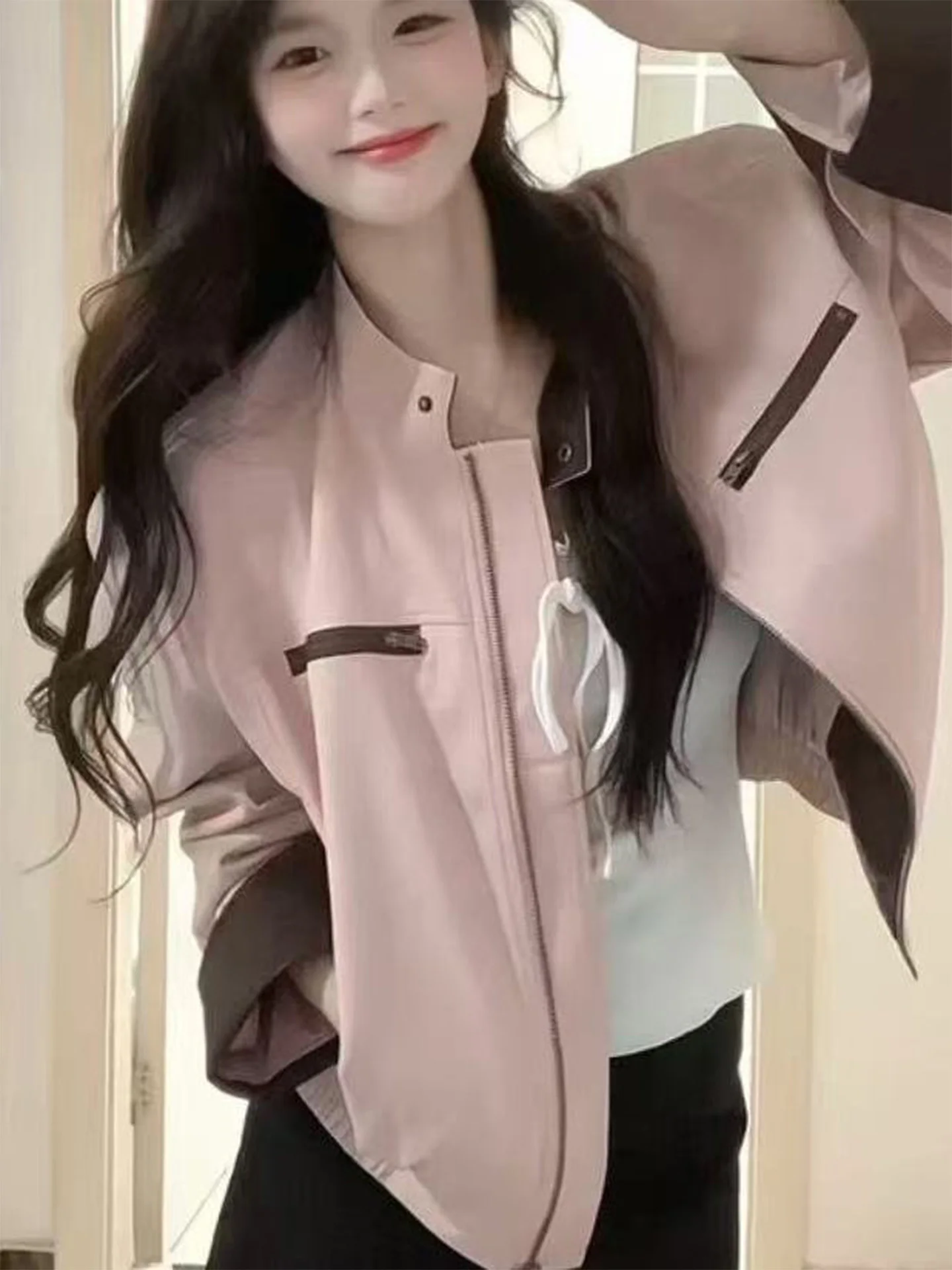Giacca in pelle rosa da donna, casual, unica, stile coreano, per il tempo libero, con chiusura a cerniera lunga e maniche regolari