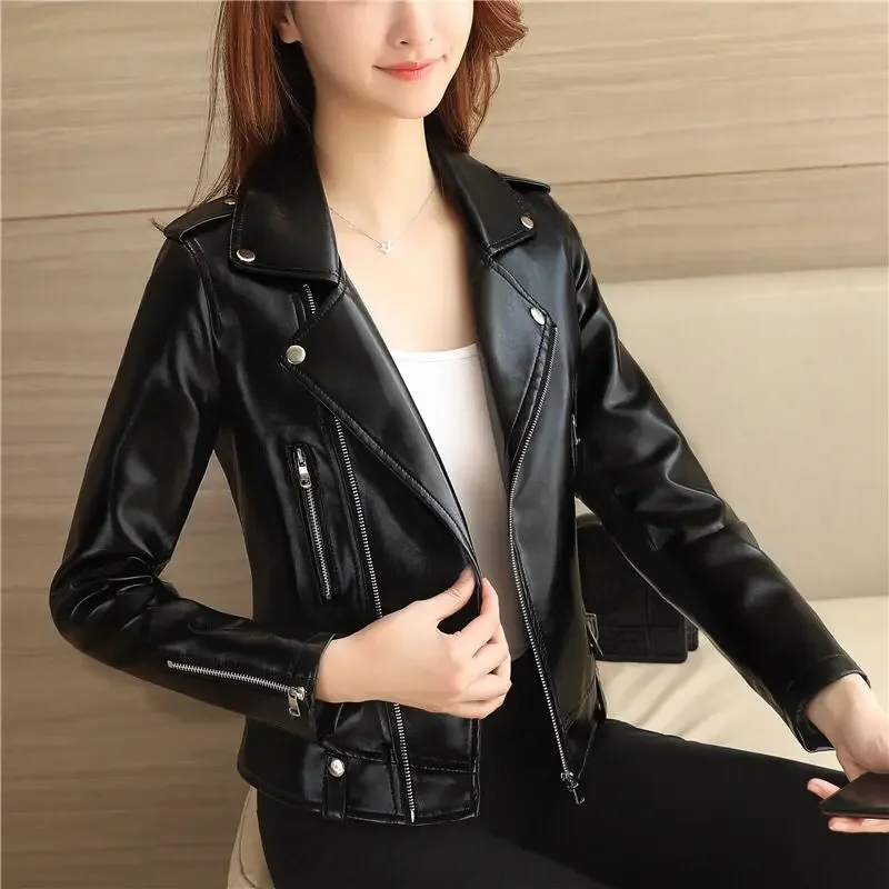 New women biker jackets 2020 spring autumn slim long sleeved zipper moto style black coats ladies  faux leather jackets