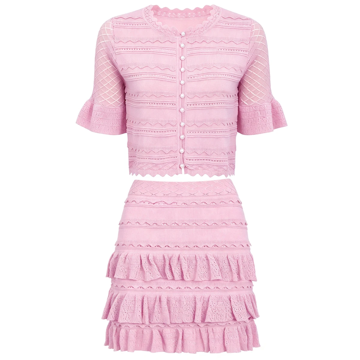 26224 Women Summer Lace Knitted 2 Piece Outfit Set Versatile Cardigan Top And Half Skirt Fashion Commuter Ladies Clothing Suit
