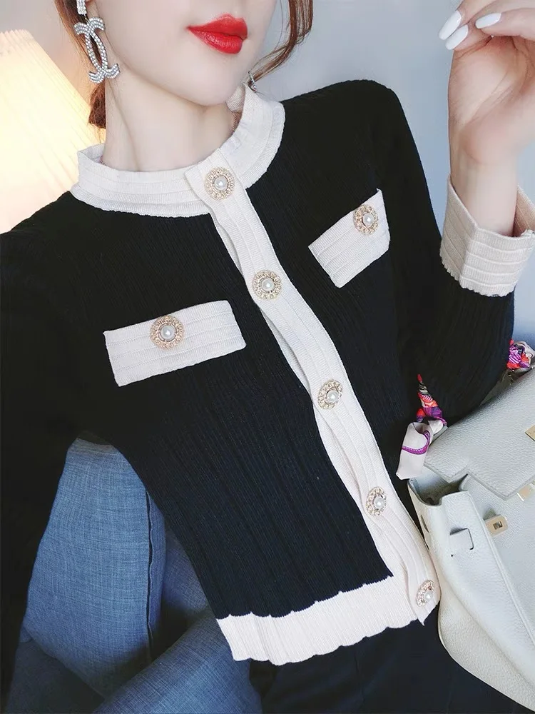 New Elegant Knitted Sweater Women High End Autumn Long Sleeve Patchwork Slim Short Cardigan Tops Korean Fashion Soft Clothing