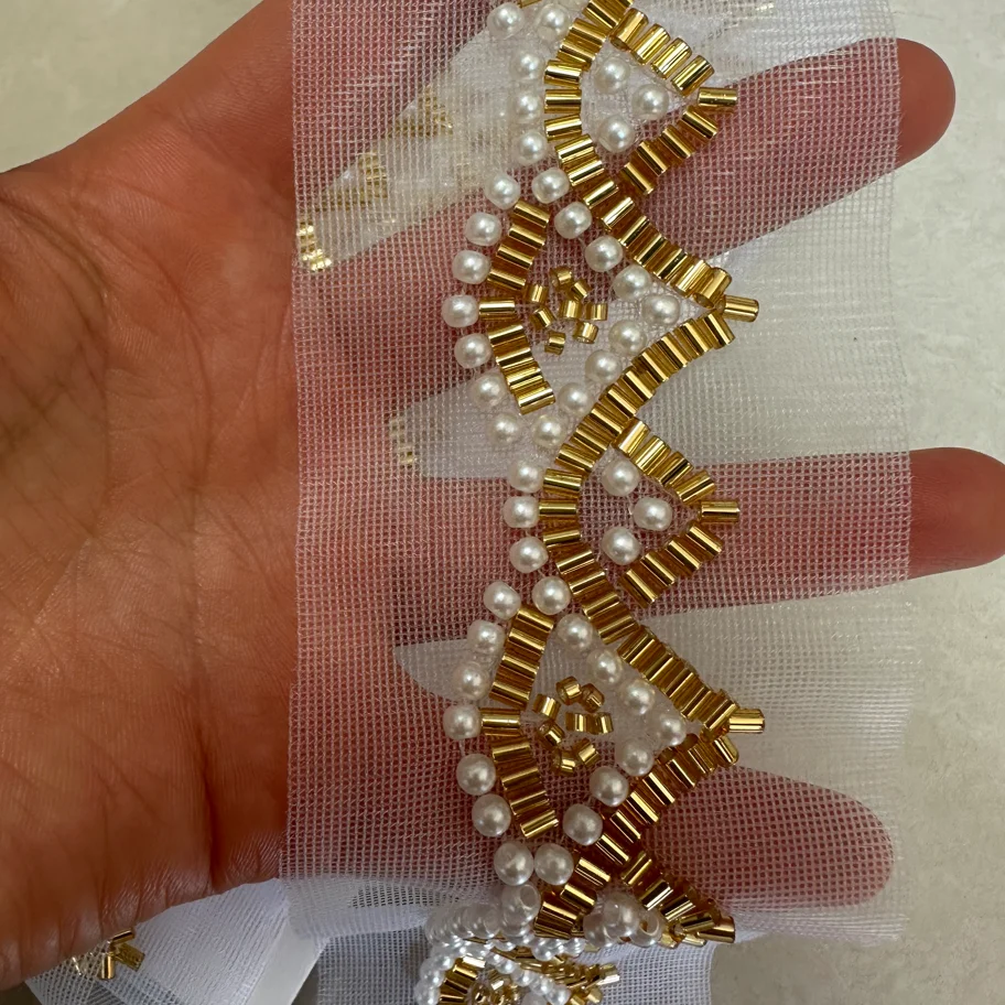 1Yard Pearl Beaded Lace Trim Ribbon Garment Decoration Applique Trimming Gold Sewing Tape DIY Fabric Material Accessories