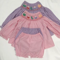 Smocking 2Pcs Set Piggy Dinosaur Embroidery Boutique Children Clothing Long Sleeve Combed Cotton Pink Cute Outfit Spring Autumn