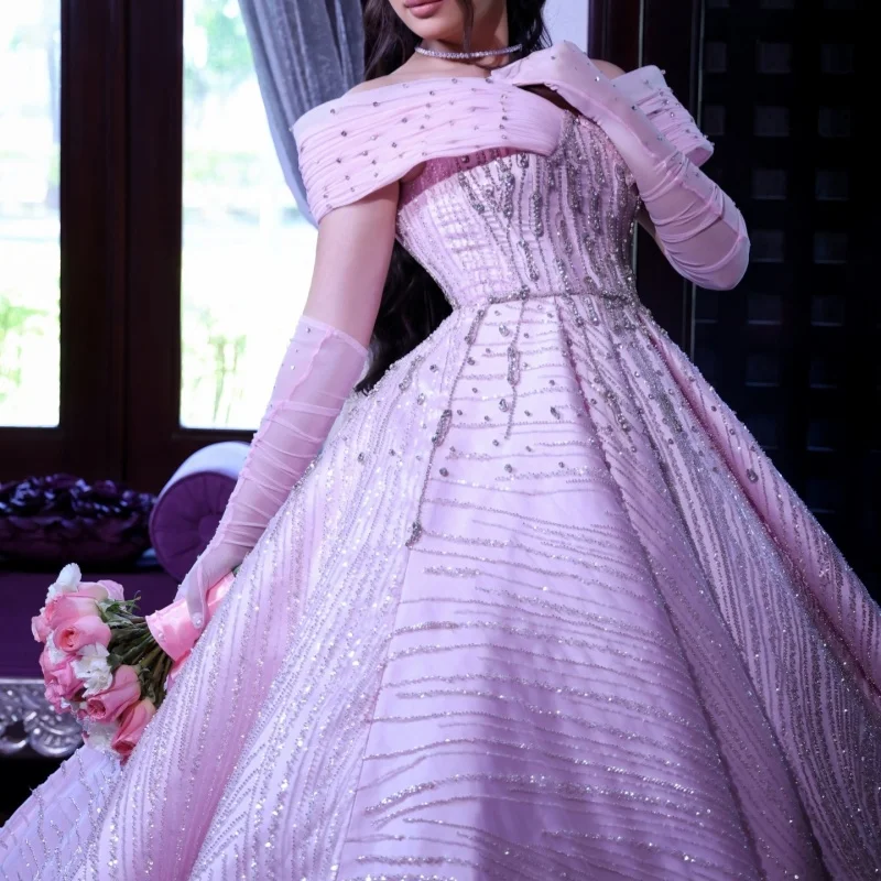 

Satin Shiny Pink Quinceanera Dresses Off the Shoulder Sequins Crystal Decal Long tail Bow Vestidoe 15 Quinceanera Customize