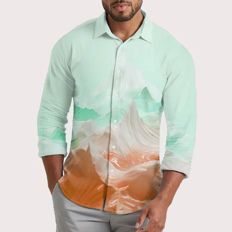 Camisa de manga larga con pintura de paisaje, cárdigan informal con botones de solapa y personalidad a la moda, XS-6XL de gran tamaño, novedad de 2024