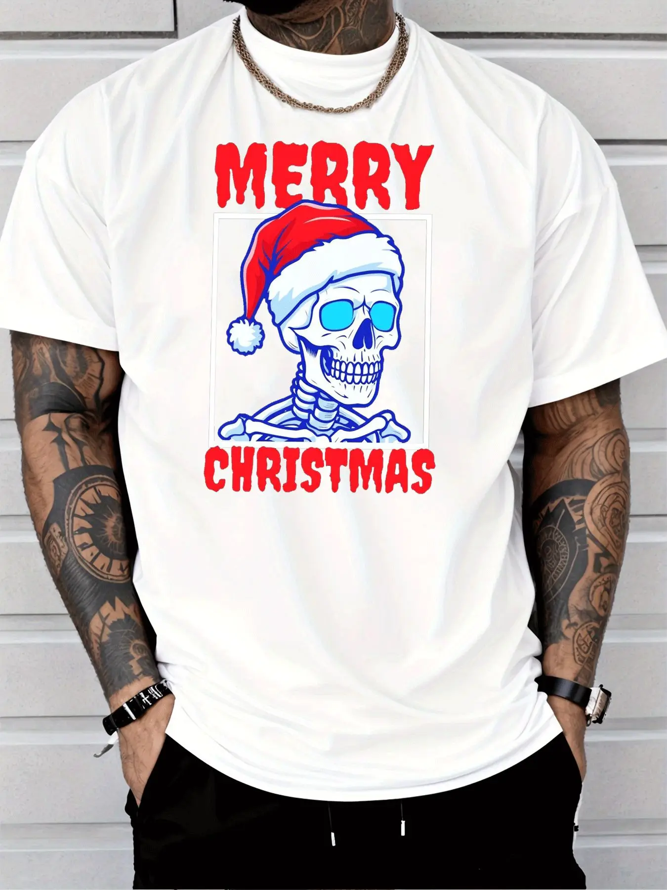 Mens Casual Short Sleeve T Shirt Merry Christmas Skeleton Santa Print Crew Neck Cotton Tee Loose Xmas Summer Tops For Adult Guys